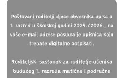 Obavijest roditeljima učenika 1. razreda u šk. god. 2025./2026.