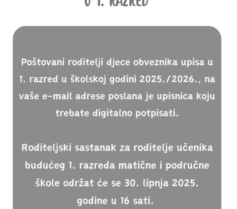 Obavijest roditeljima učenika 1. razreda u šk. god. 2025./2026.